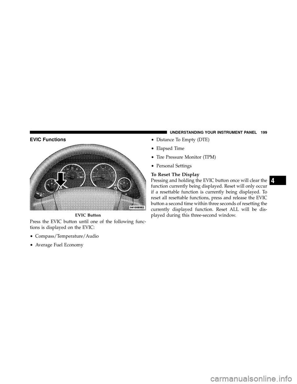 JEEP COMPASS 2010 1.G Owners Manual EVIC Functions
Press the EVIC button until one of the following func-
tions is displayed on the EVIC:
•Compass/Temperature/Audio
•Average Fuel Economy
•Distance To Empty (DTE)
•Elapsed Time
JEEP COMPASS 2010 1.G Owners Manual EVIC Functions
Press the EVIC button until one of the following func-
tions is displayed on the EVIC:
•Compass/Temperature/Audio
•Average Fuel Economy
•Distance To Empty (DTE)
•Elapsed Time