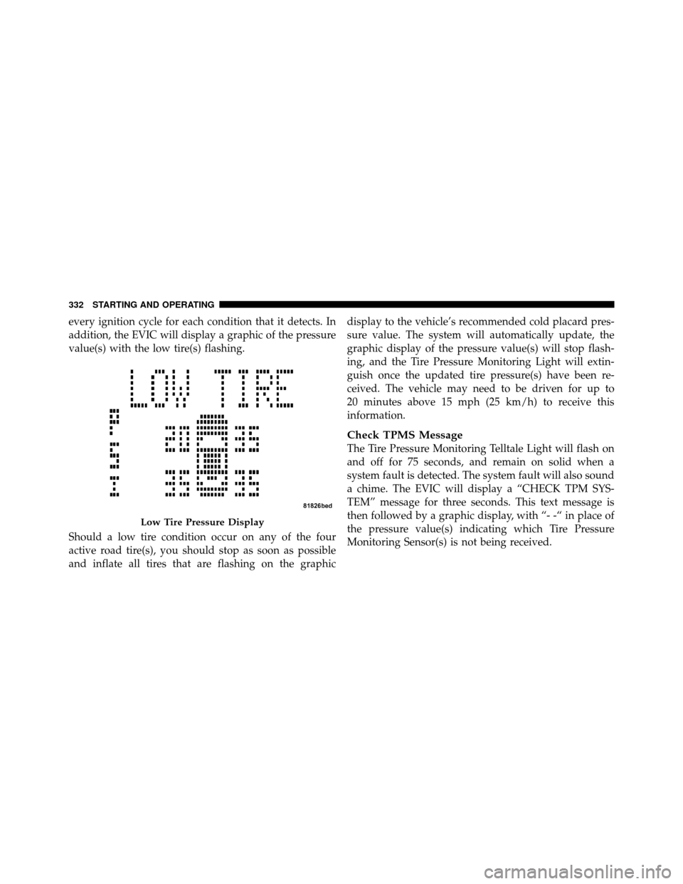 JEEP COMPASS 2010 1.G User Guide every ignition cycle for each condition that it detects. In
addition, the EVIC will display a graphic of the pressure
value(s) with the low tire(s) flashing.
Should a low tire condition occur on any o