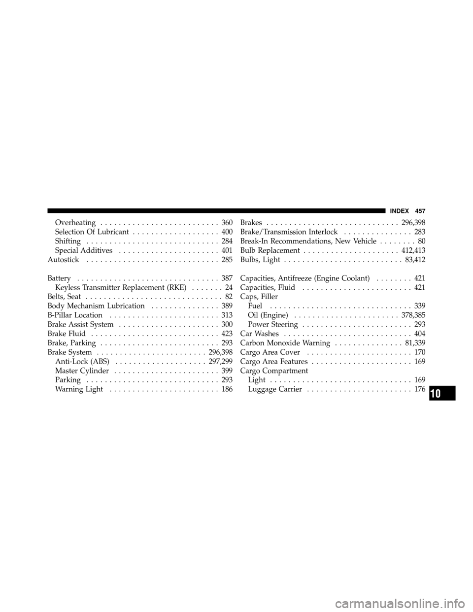 JEEP COMPASS 2010 1.G Owners Manual Overheating.......................... 360
Selection Of Lubricant ................... 400
Shifting ............................. 284
Special Additives ...................... 401
Autostick ............. JEEP COMPASS 2010 1.G Owners Manual Overheating.......................... 360
Selection Of Lubricant ................... 400
Shifting ............................. 284
Special Additives ...................... 401
Autostick .............