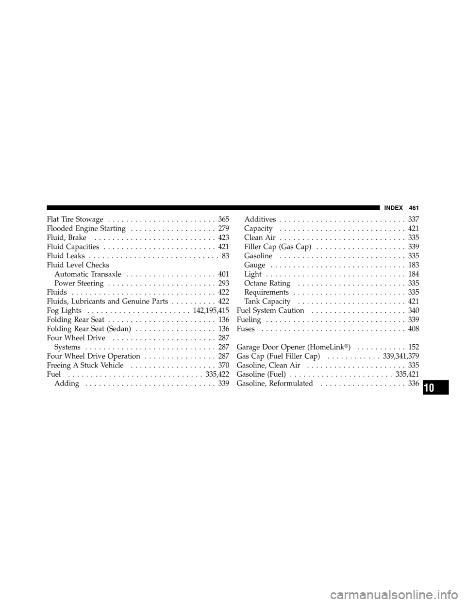 JEEP COMPASS 2010 1.G Owners Manual Flat Tire Stowage........................ 365
Flooded Engine Starting ................... 279
Fluid, Brake ........................... 423
Fluid Capacities ......................... 421
Fluid Leaks ..