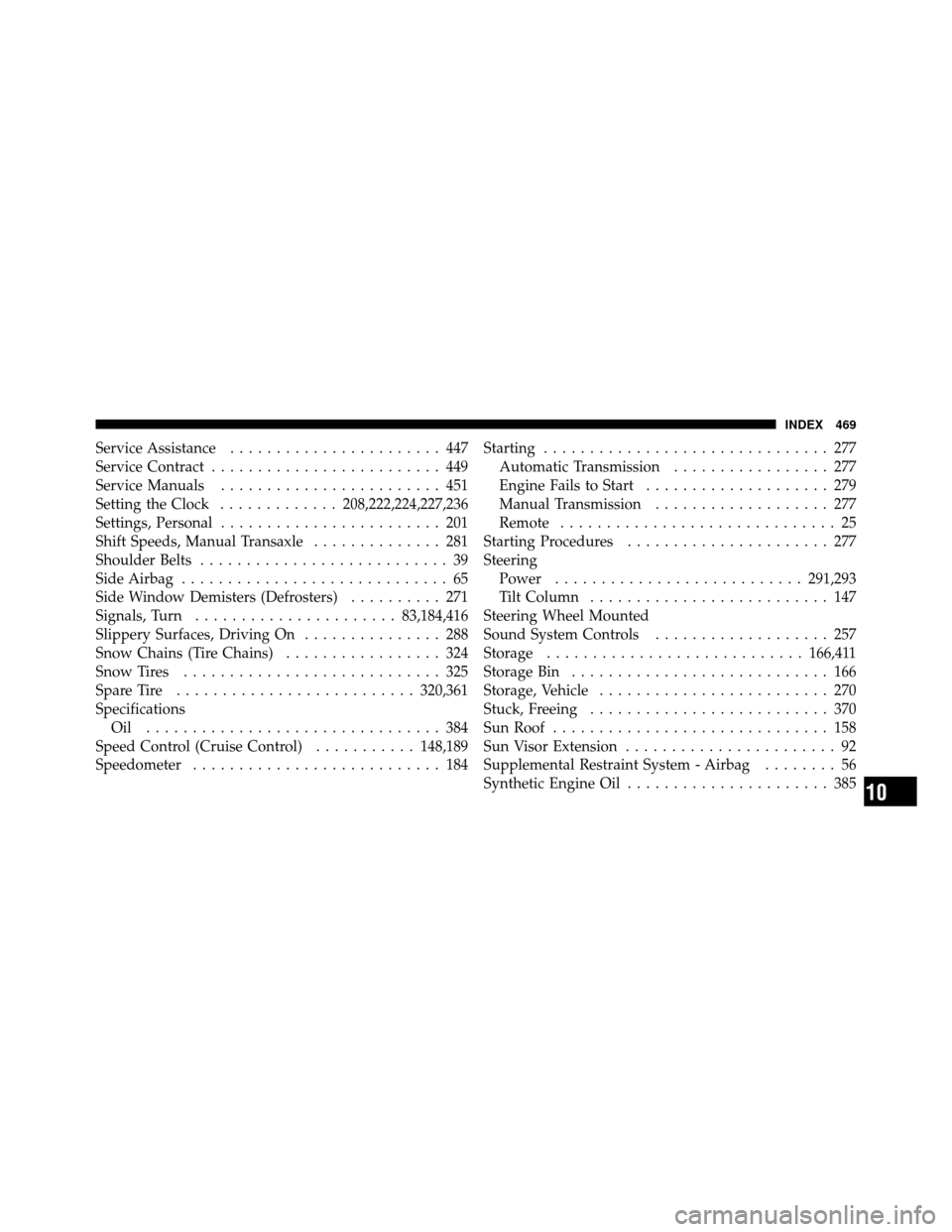 JEEP COMPASS 2010 1.G Owners Manual Service Assistance....................... 447
Service Contract ......................... 449
Service Manuals ........................ 451
Setting the Clock .............208,222,224,227,236
Settings, P