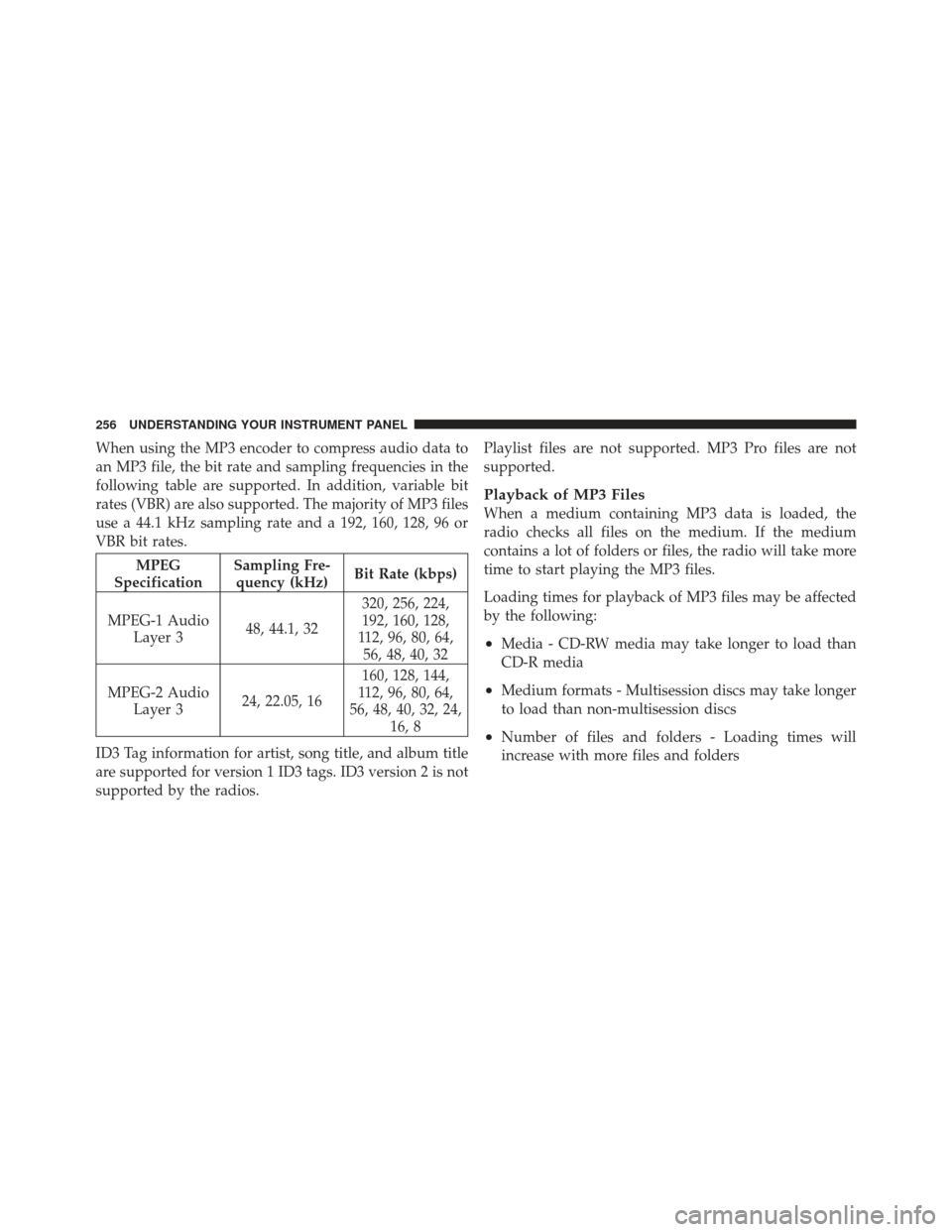 JEEP COMPASS 2011 1.G Owners Manual When using the MP3 encoder to compress audio data to
an MP3 file, the bit rate and sampling frequencies in the
following table are supported. In addition, variable bit
rates (VBR) are also supported. JEEP COMPASS 2011 1.G Owners Manual When using the MP3 encoder to compress audio data to
an MP3 file, the bit rate and sampling frequencies in the
following table are supported. In addition, variable bit
rates (VBR) are also supported.