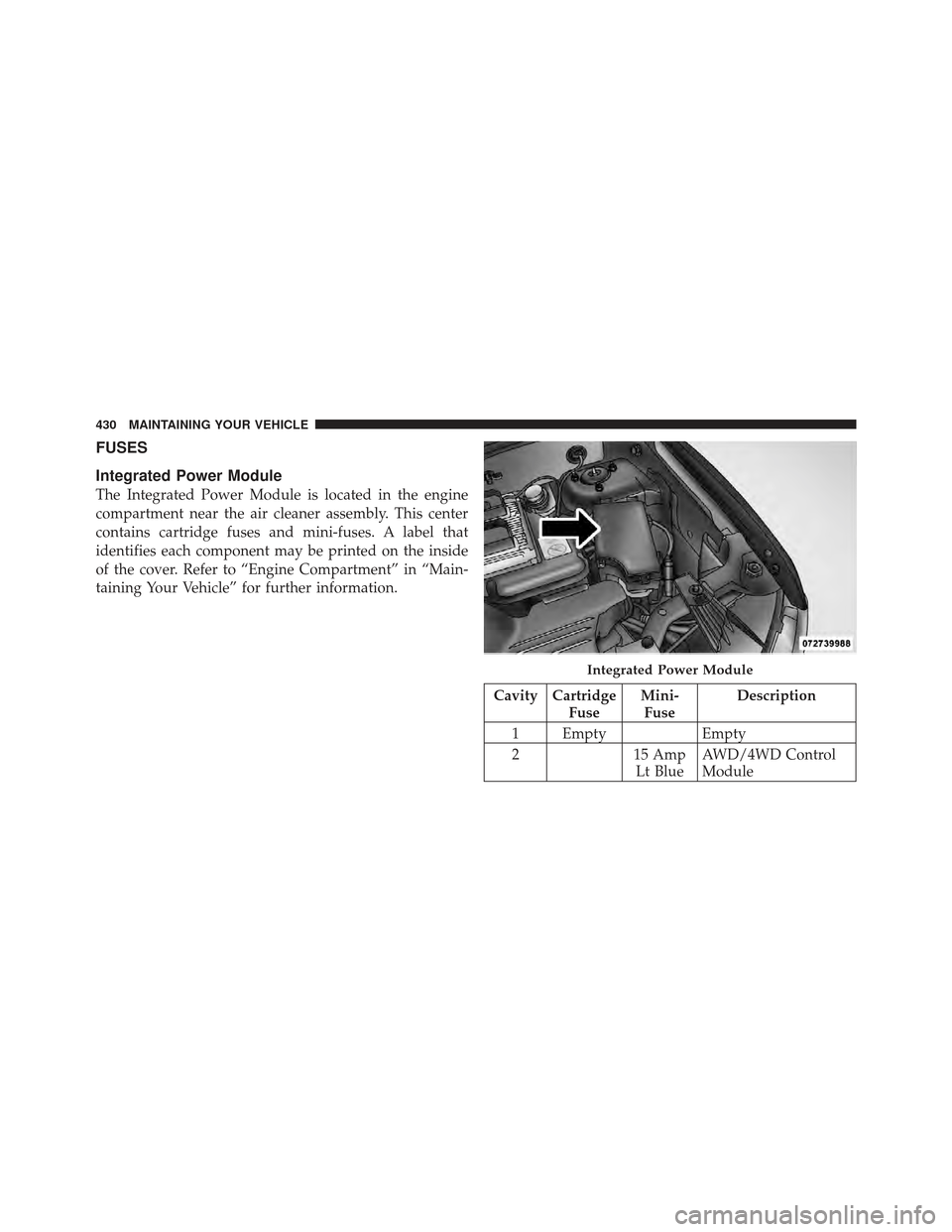 JEEP COMPASS 2011 1.G Owners Manual FUSES
Integrated Power Module
The Integrated Power Module is located in the engine
compartment near the air cleaner assembly. This center
contains cartridge fuses and mini-fuses. A label that
identifi