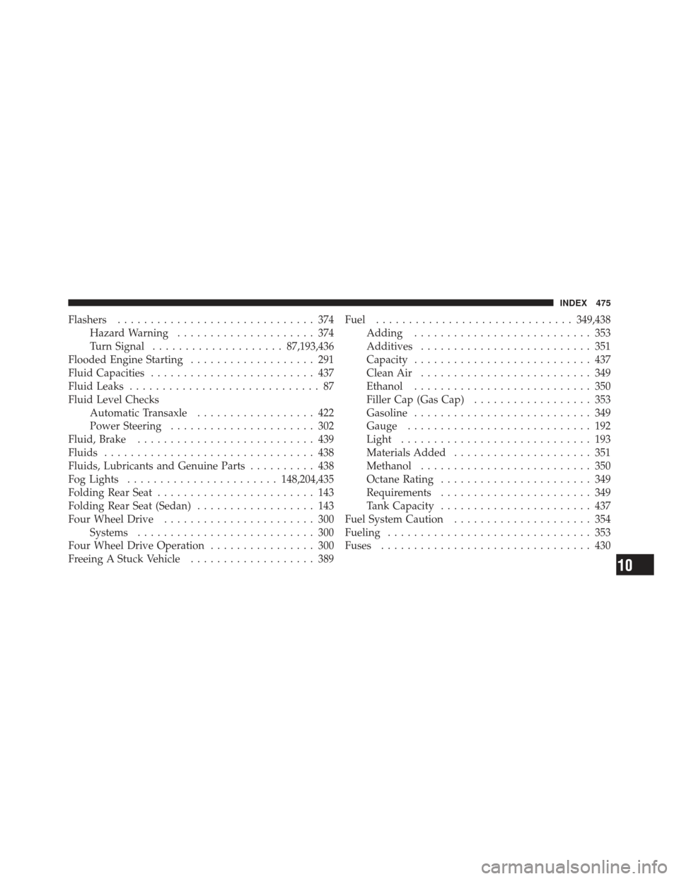 JEEP COMPASS 2011 1.G Owners Manual Flashers.............................. 374
Hazard Warning ..................... 374
Turn Signal .................... 87,193,436
Flooded Engine Starting ................... 291
Fluid Capacities .......