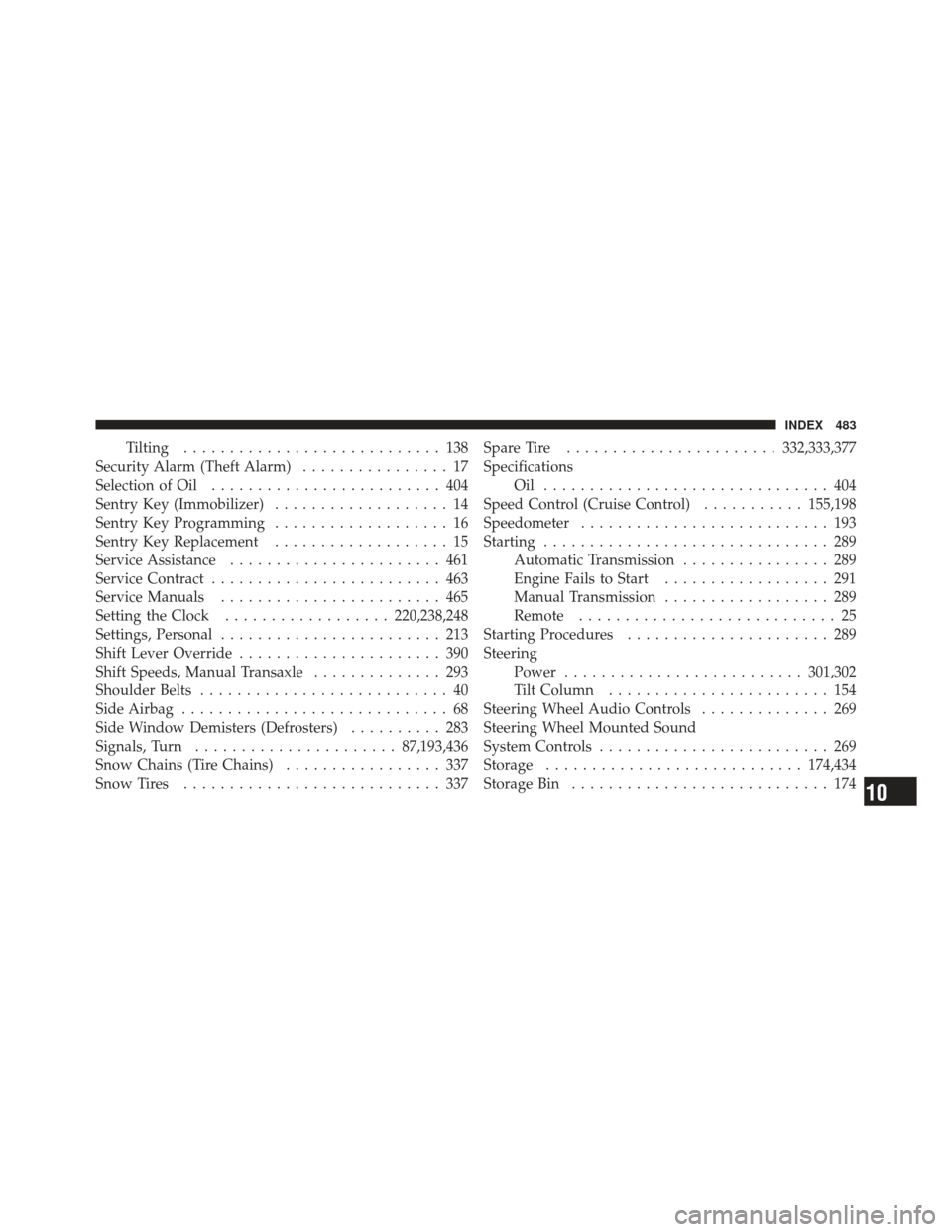 JEEP COMPASS 2011 1.G User Guide Tilting............................ 138
Security Alarm (Theft Alarm) ................ 17
Selection of Oil ......................... 404
Sentry Key (Immobilizer) ................... 14
Sentry Key Progr