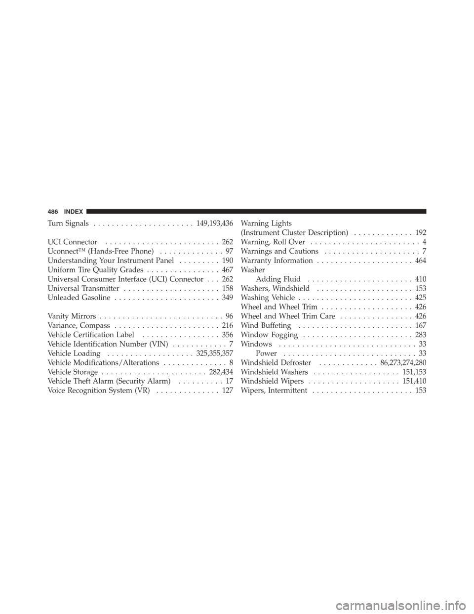 JEEP COMPASS 2011 1.G Owners Manual Turn Signals...................... 149,193,436
UCI Connector ......................... 262
Uconnect™ (Hands-Free Phone) .............. 97
Understanding Your Instrument Panel ......... 190
Uniform Ti