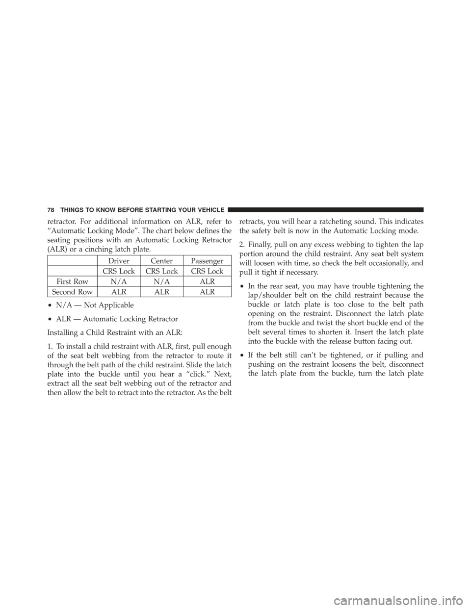 JEEP COMPASS 2011 1.G Manual PDF retractor. For additional information on ALR, refer to
“Automatic Locking Mode”. The chart below defines the
seating positions with an Automatic Locking Retractor
(ALR) or a cinching latch plate.
JEEP COMPASS 2011 1.G Manual PDF retractor. For additional information on ALR, refer to
“Automatic Locking Mode”. The chart below defines the
seating positions with an Automatic Locking Retractor
(ALR) or a cinching latch plate.