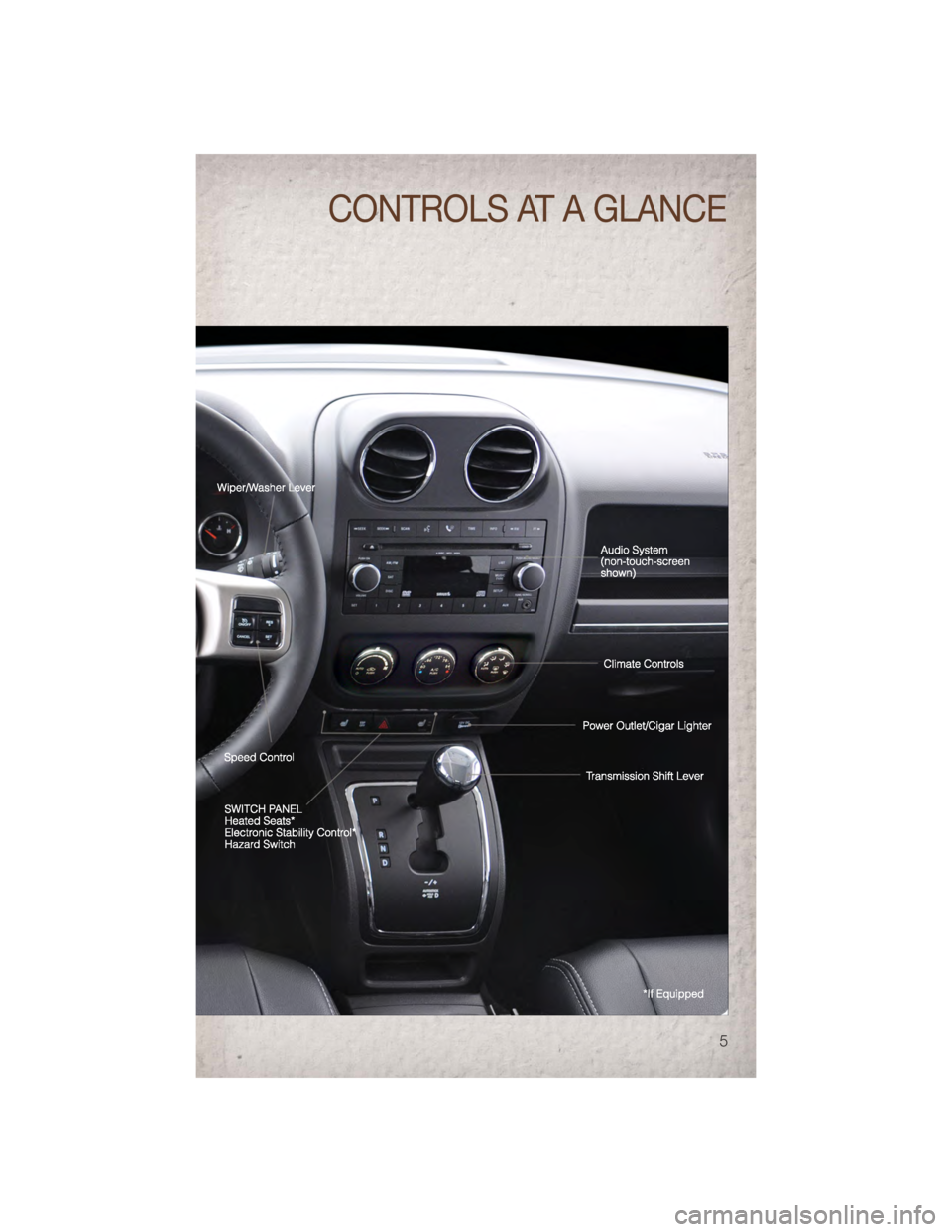JEEP COMPASS 2011 1.G User Guide CONTROLS AT A GLANCE
5 JEEP COMPASS 2011 1.G User Guide CONTROLS AT A GLANCE
5