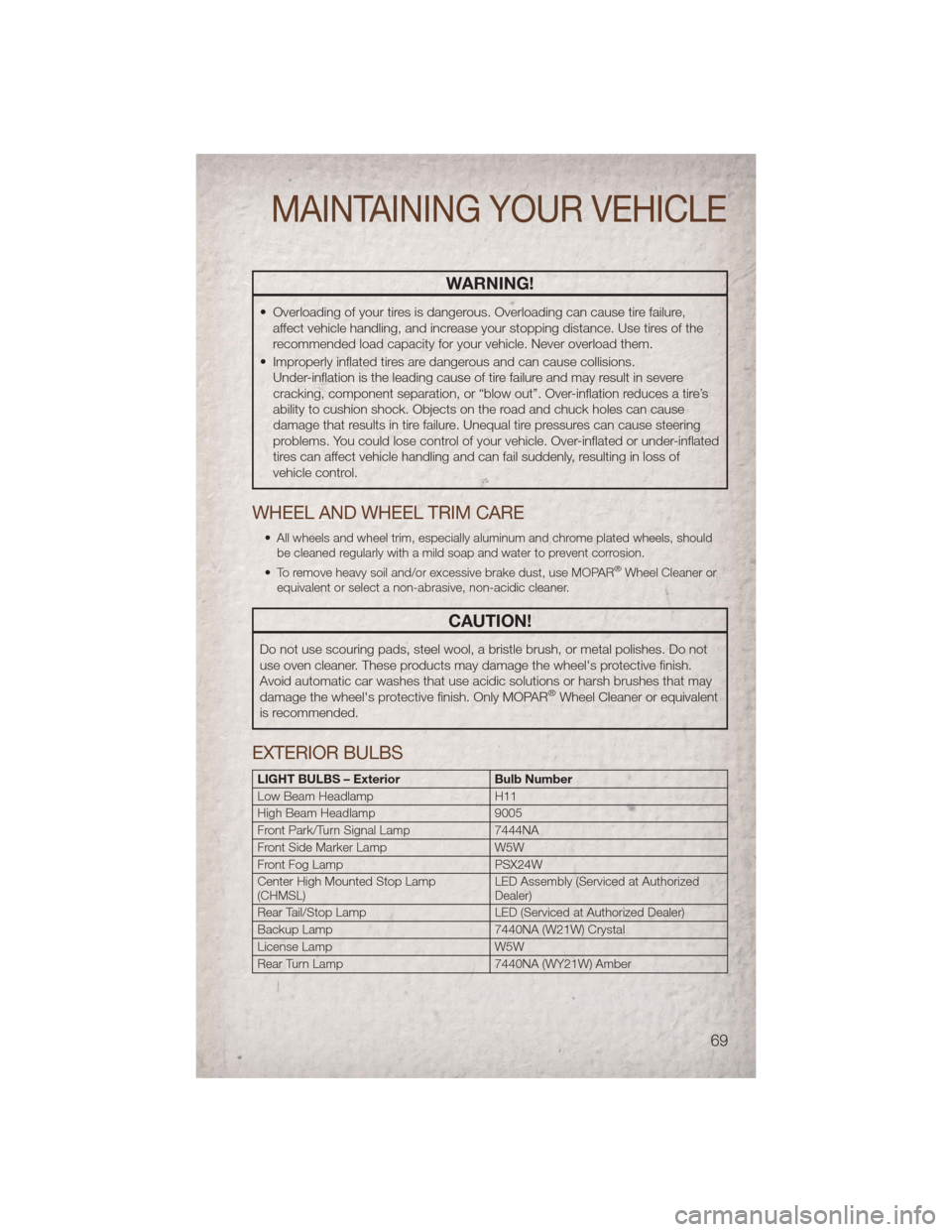 JEEP COMPASS 2011 1.G Manual PDF WARNING!
• Overloading of your tires is dangerous. Overloading can cause tire failure,affect vehicle handling, and increase your stopping distance. Use tires of the
recommended load capacity for you