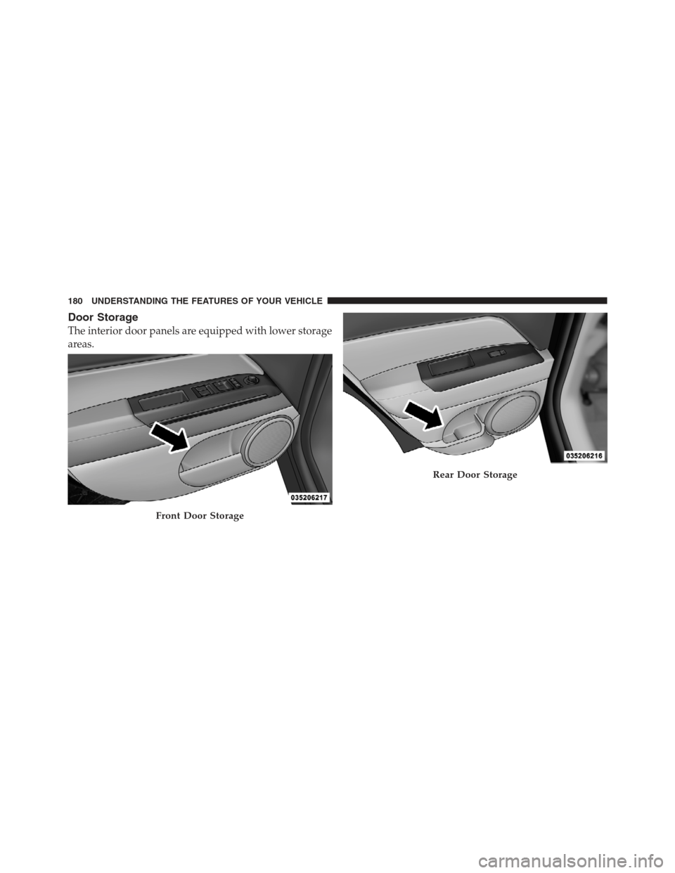 JEEP COMPASS 2012 1.G Owners Manual Door Storage
The interior door panels are equipped with lower storage
areas.
Front Door Storage
Rear Door Storage
180 UNDERSTANDING THE FEATURES OF YOUR VEHICLE 