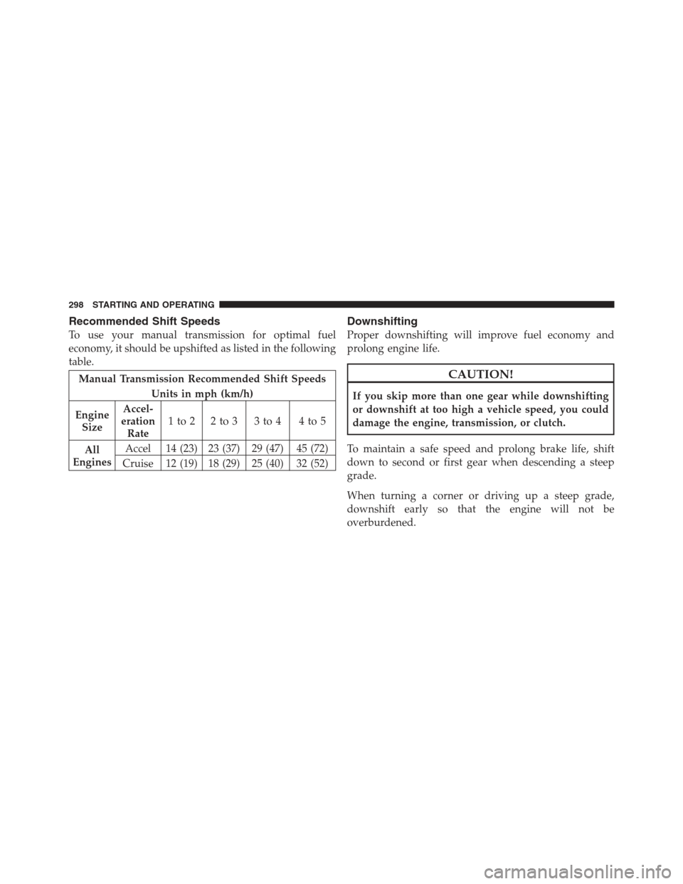 JEEP COMPASS 2012 1.G Service Manual Recommended Shift Speeds
To use your manual transmission for optimal fuel
economy, it should be upshifted as listed in the following
table.
Manual Transmission Recommended Shift SpeedsUnits in mph (km