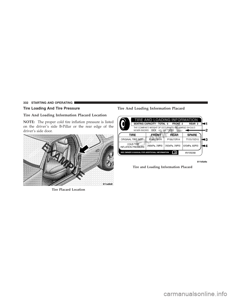 JEEP COMPASS 2012 1.G Owners Manual Tire Loading And Tire Pressure
Tire And Loading Information Placard Location
NOTE:The proper cold tire inflation pressure is listed
on the driver ’s side B-Pillar or the rear edge of the
driver’s 