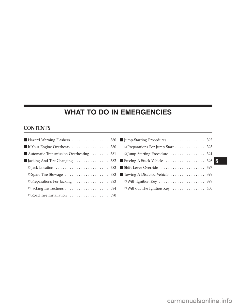 JEEP COMPASS 2012 1.G Owners Manual WHAT TO DO IN EMERGENCIES
CONTENTS
Hazard Warning Flashers ................ 380
 If Your Engine Overheats ................ 380
 Automatic Transmission Overheating ....... 381
 Jacking And Tire Cha