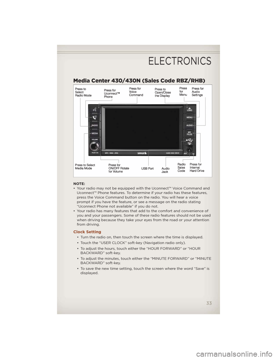 JEEP COMPASS 2012 1.G User Guide Media Center 430/430N (Sales Code RBZ/RHB)
NOTE:
• Your radio may not be equipped with the Uconnect™ Voice Command and
Uconnect™ Phone features. To determine if your radio has these features,
pr