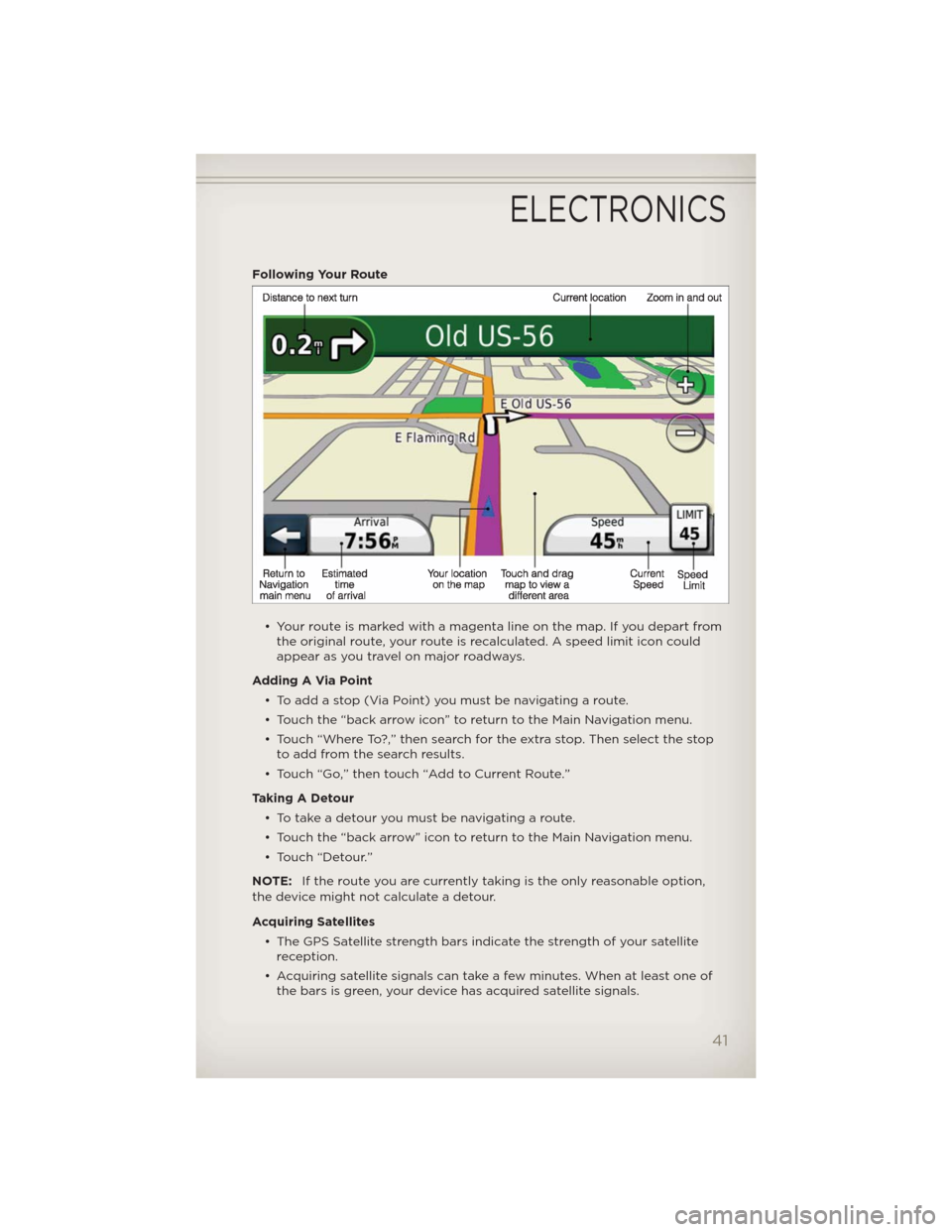 JEEP COMPASS 2012 1.G User Guide Following Your Route
• Your route is marked with a magenta line on the map. If you depart from
the original route, your route is recalculated. A speed limit icon could
appear as you travel on major 