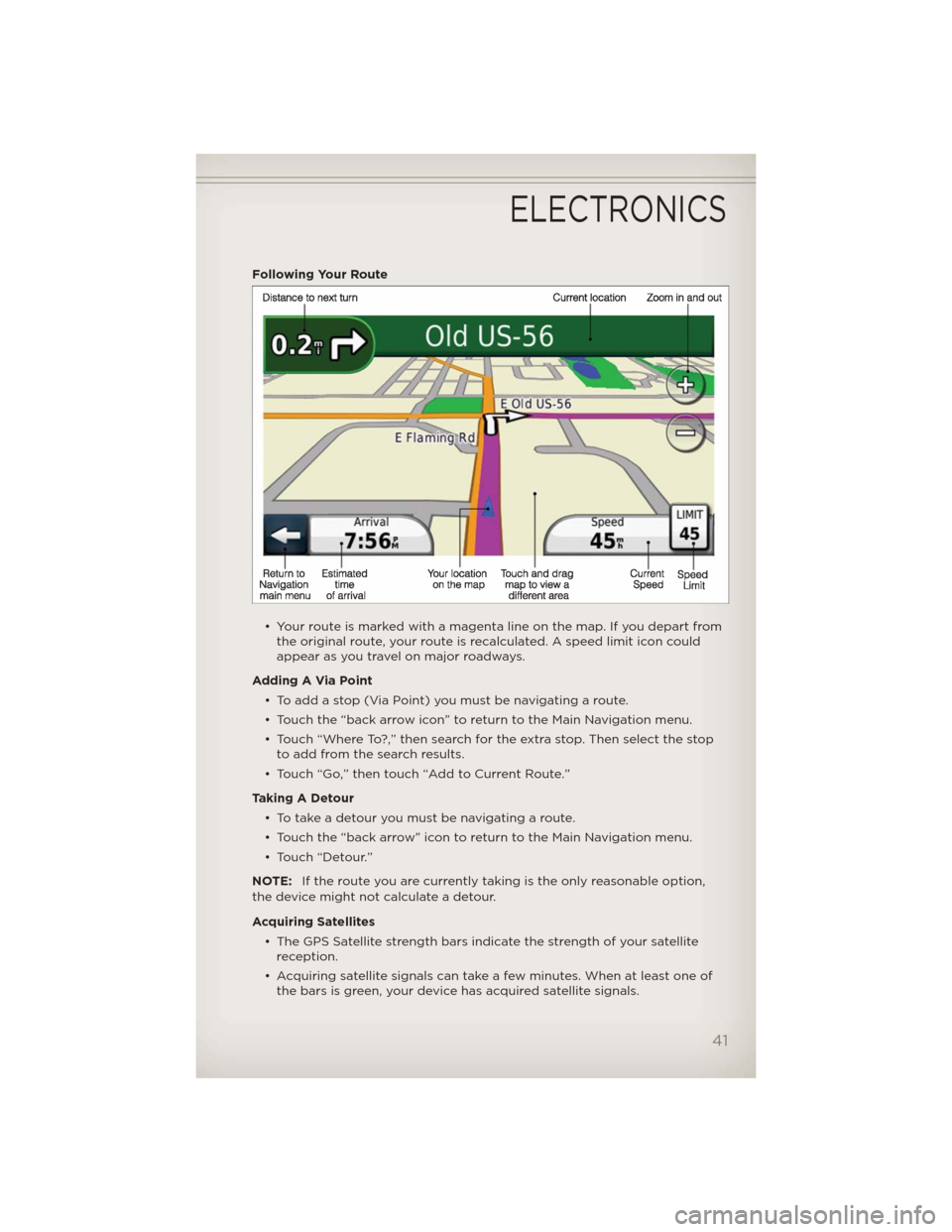 JEEP COMPASS 2012 1.G User Guide Following Your Route
• Your route is marked with a magenta line on the map. If you depart from
the original route, your route is recalculated. A speed limit icon could
appear as you travel on major JEEP COMPASS 2012 1.G User Guide Following Your Route
• Your route is marked with a magenta line on the map. If you depart from
the original route, your route is recalculated. A speed limit icon could
appear as you travel on major