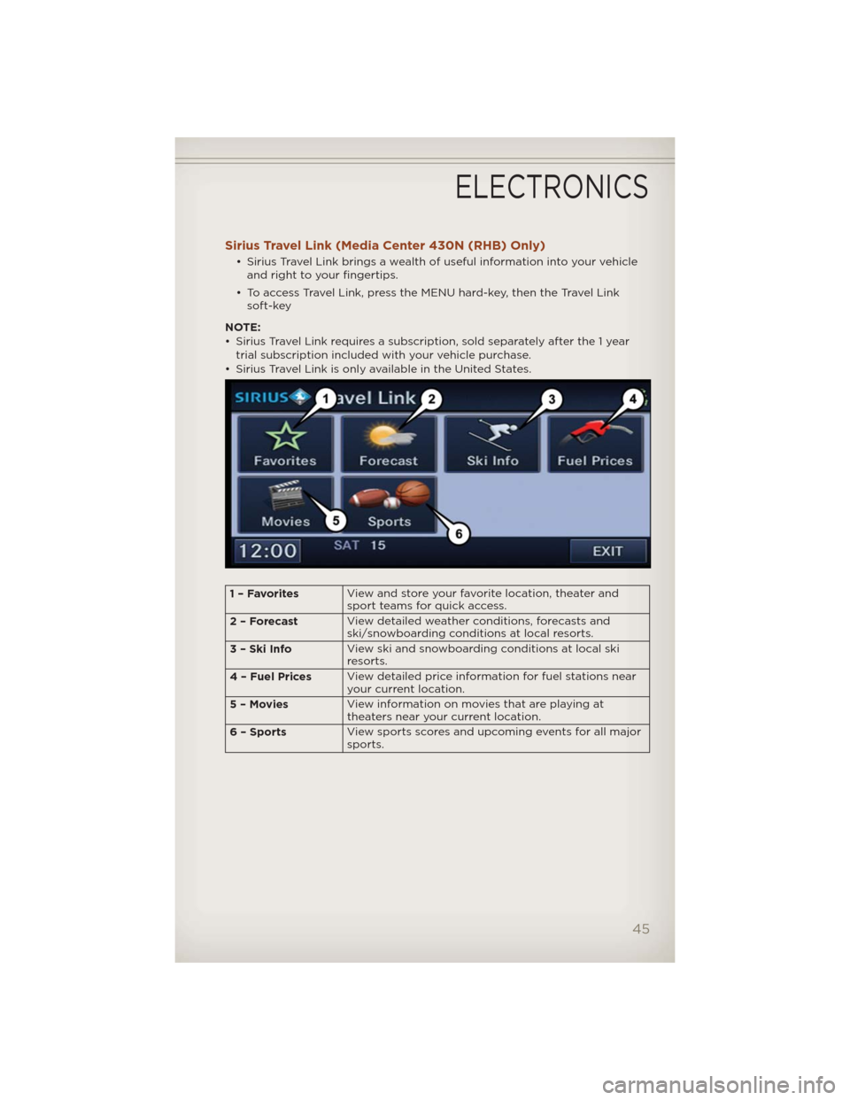 JEEP COMPASS 2012 1.G Owners Manual Sirius Travel Link (Media Center 430N (RHB) Only)
• Sirius Travel Link brings a wealth of useful information into your vehicle
and right to your fingertips.
• To access Travel Link, press the MENU JEEP COMPASS 2012 1.G Owners Manual Sirius Travel Link (Media Center 430N (RHB) Only)
• Sirius Travel Link brings a wealth of useful information into your vehicle
and right to your fingertips.
• To access Travel Link, press the MENU