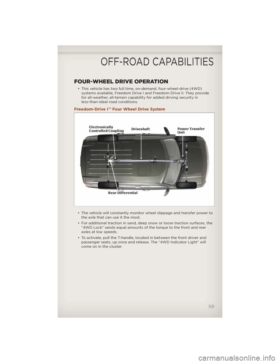 JEEP COMPASS 2012 1.G User Guide FOUR-WHEEL DRIVE OPERATION
• This vehicle has two full time, on-demand, four-wheel-drive (4WD)
systems available, Freedom Drive I and Freedom-Drive II. They provide
for all-weather, all-terrain capa JEEP COMPASS 2012 1.G User Guide FOUR-WHEEL DRIVE OPERATION
• This vehicle has two full time, on-demand, four-wheel-drive (4WD)
systems available, Freedom Drive I and Freedom-Drive II. They provide
for all-weather, all-terrain capa