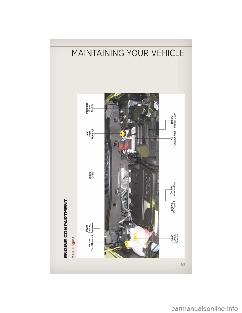 JEEP COMPASS 2012 1.G Manual Online ENGINE COMPARTMENT2.0L Engine
MAINTAINING YOUR VEHICLE
81 JEEP COMPASS 2012 1.G Manual Online ENGINE COMPARTMENT2.0L Engine
MAINTAINING YOUR VEHICLE
81