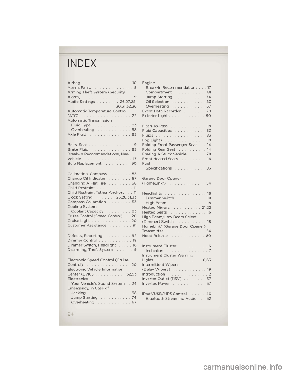 JEEP COMPASS 2012 1.G User Guide Airbag .................10
Alarm,Panic ..............8
Arming Theft System (Security
Alarm) ..................9
AudioSettings ........26,27,28,
30,31,32,36
Automatic Temperature Control
(ATC) ........ JEEP COMPASS 2012 1.G User Guide Airbag .................10
Alarm,Panic ..............8
Arming Theft System (Security
Alarm) ..................9
AudioSettings ........26,27,28,
30,31,32,36
Automatic Temperature Control
(ATC) ........