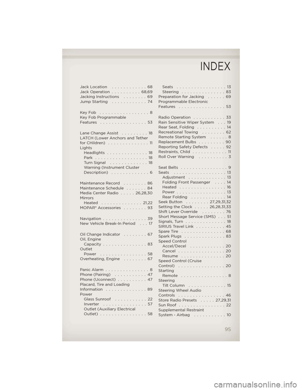 JEEP COMPASS 2012 1.G User Guide Jack Location............68
Jack Operation..........68,69
Jacking Instructions . . . .....69
Jump Starting............74
KeyFob .................8
Key Fob Programmable
Features ................53
Lane