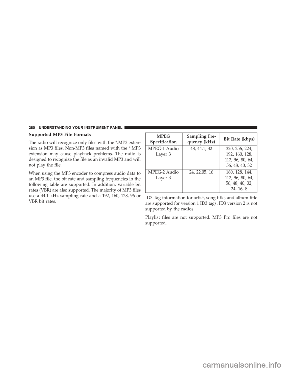 JEEP COMPASS 2013 1.G Owners Manual Supported MP3 File Formats
The radio will recognize only files with the *.MP3 exten-
sion as MP3 files. Non-MP3 files named with the *.MP3
extension may cause playback problems. The radio is
designed 