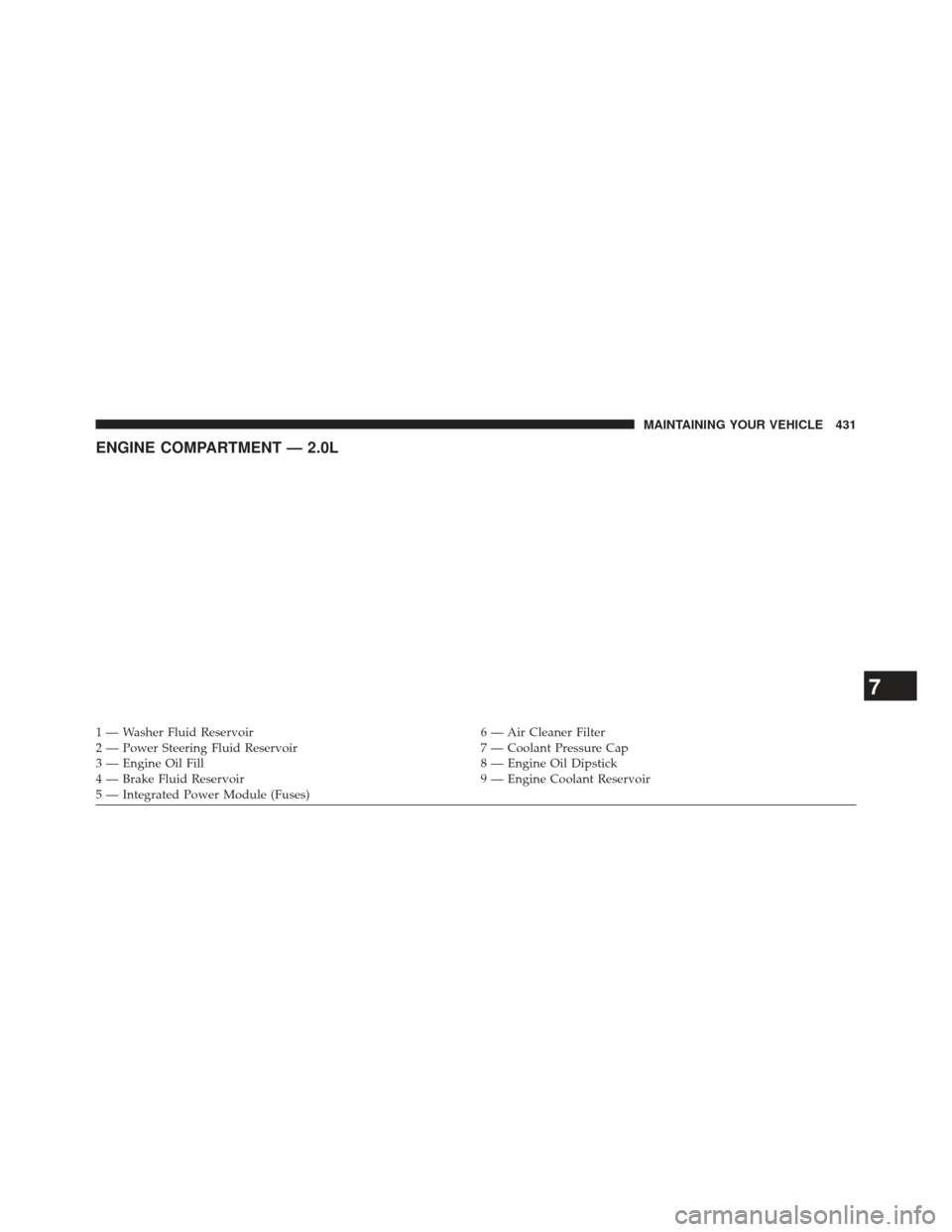 JEEP COMPASS 2013 1.G Owners Manual ENGINE COMPARTMENT — 2.0L
1 — Washer Fluid Reservoir6 — Air Cleaner Filter
2 — Power Steering Fluid Reservoir 7 — Coolant Pressure Cap
3 — Engine Oil Fill 8 — Engine Oil Dipstick
4 — B