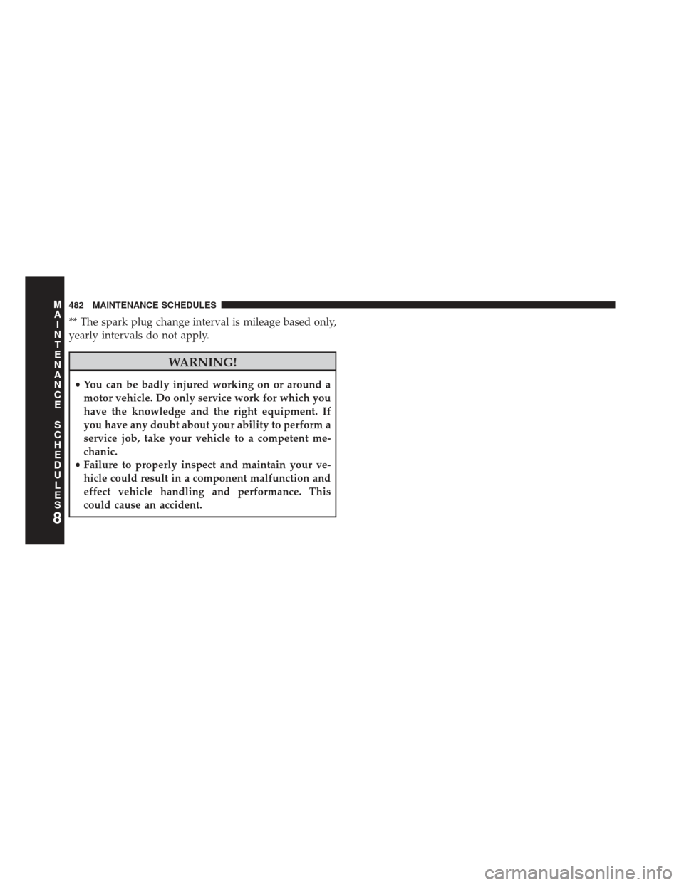 JEEP COMPASS 2013 1.G Owners Manual ** The spark plug change interval is mileage based only,
yearly intervals do not apply.
WARNING!
•You can be badly injured working on or around a
motor vehicle. Do only service work for which you
ha