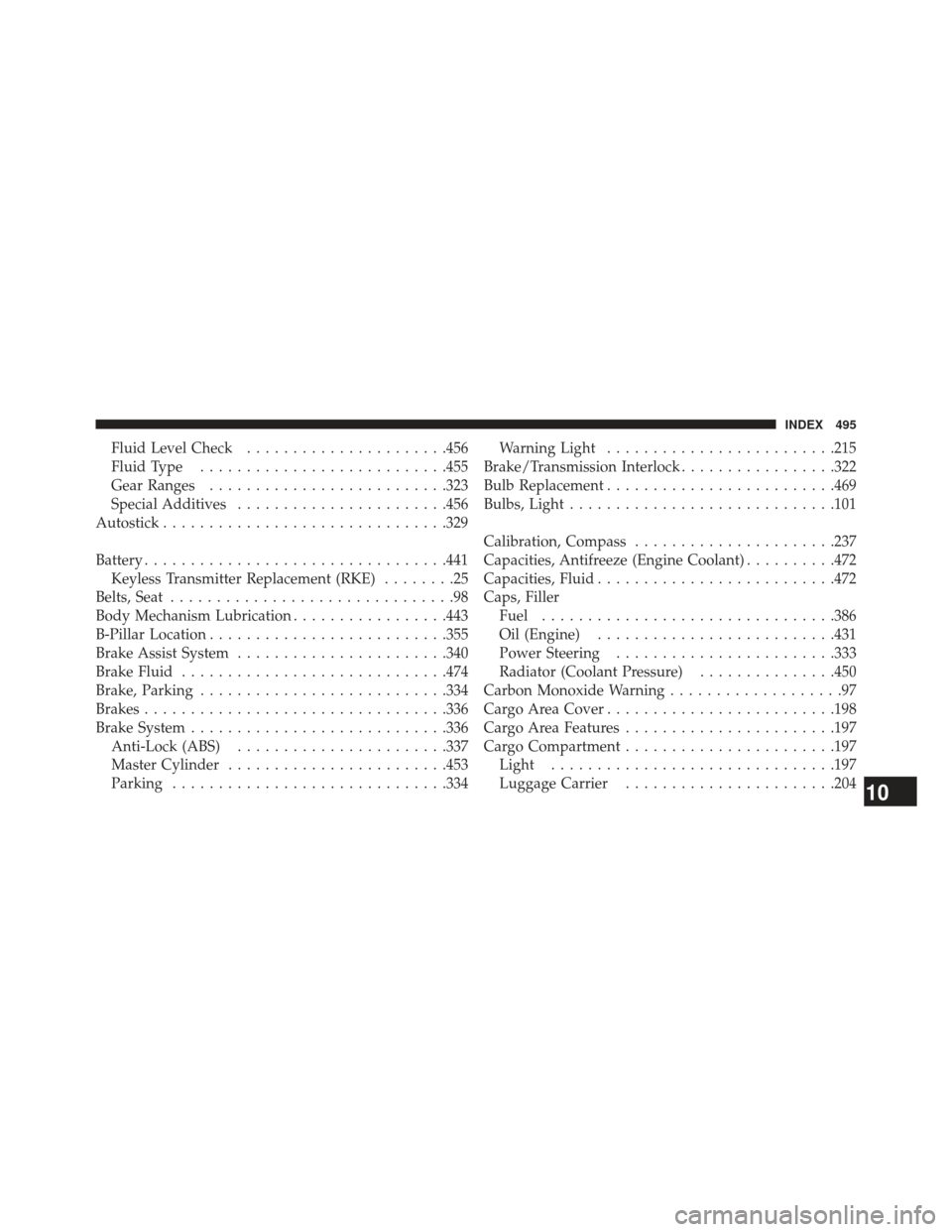 JEEP COMPASS 2013 1.G Owners Manual Fluid Level Check..................... .456
Fluid Type .......................... .455
Gear Ranges ......................... .323
Special Additives ...................... .456
Autostick .............. JEEP COMPASS 2013 1.G Owners Manual Fluid Level Check..................... .456
Fluid Type .......................... .455
Gear Ranges ......................... .323
Special Additives ...................... .456
Autostick ..............