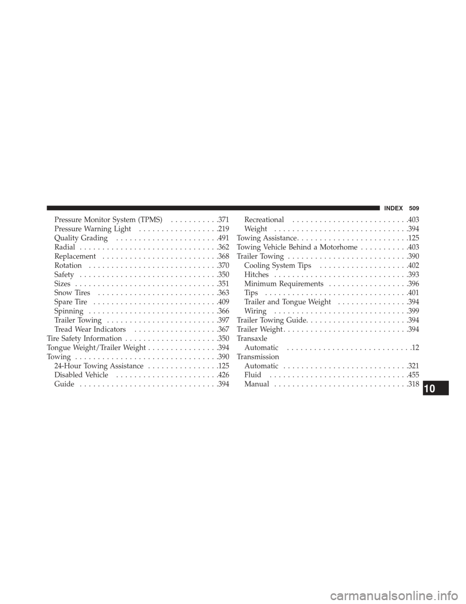 JEEP COMPASS 2013 1.G Owners Manual Pressure Monitor System (TPMS)...........371
Pressure Warning Light ..................219
Quality Grading ...................... .491
Radial .............................. .362
Replacement ...........