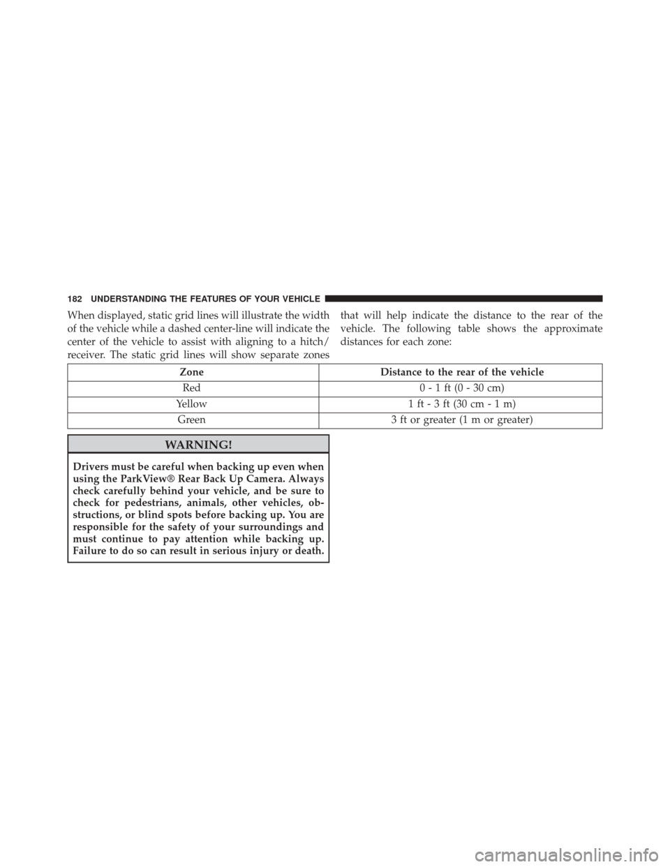 JEEP COMPASS 2014 1.G Owners Manual When displayed, static grid lines will illustrate the width
of the vehicle while a dashed center-line will indicate the
center of the vehicle to assist with aligning to a hitch/
receiver. The static g