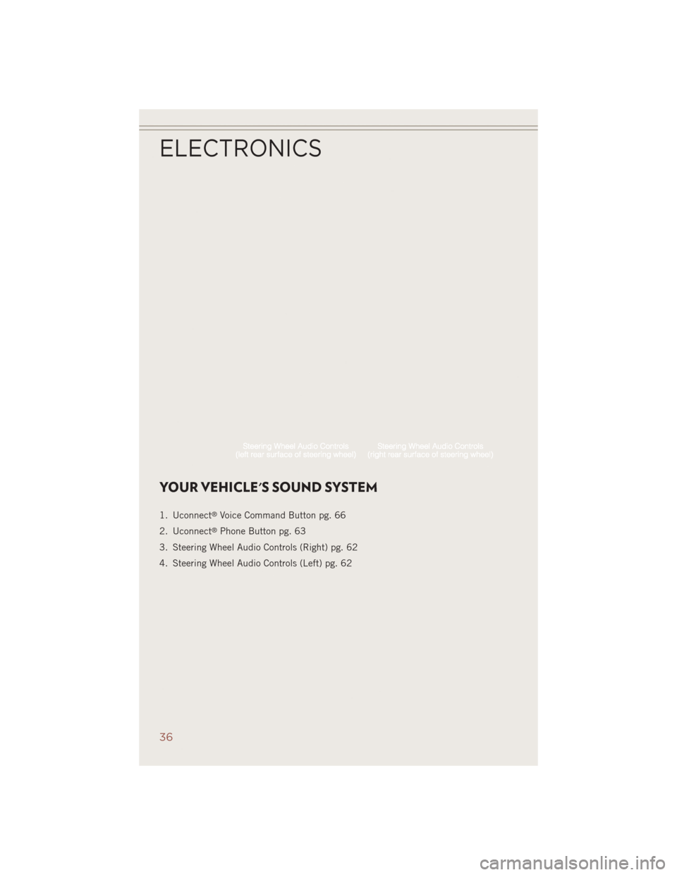 JEEP COMPASS 2014 1.G User Guide YOUR VEHICLES SOUND SYSTEM
1. Uconnect®Voice Command Button pg. 66
2. Uconnect
®Phone Button pg. 63
3. Steering Wheel Audio Controls (Right) pg. 62
4. Steering Wheel Audio Controls (Left) pg. 62
EL