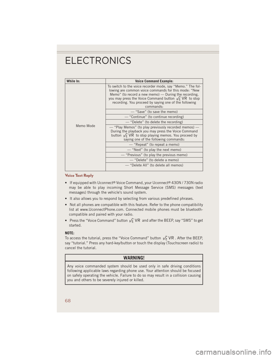 JEEP COMPASS 2014 1.G User Guide While In:Voice Command Example:
Memo Mode To switch to the voice recorder mode, say “Memo.” The fol-
lowing are common voice commands for this mode: “NewMemo” (to record a new memo) — During JEEP COMPASS 2014 1.G User Guide While In:Voice Command Example:
Memo Mode To switch to the voice recorder mode, say “Memo.” The fol-
lowing are common voice commands for this mode: “NewMemo” (to record a new memo) — During