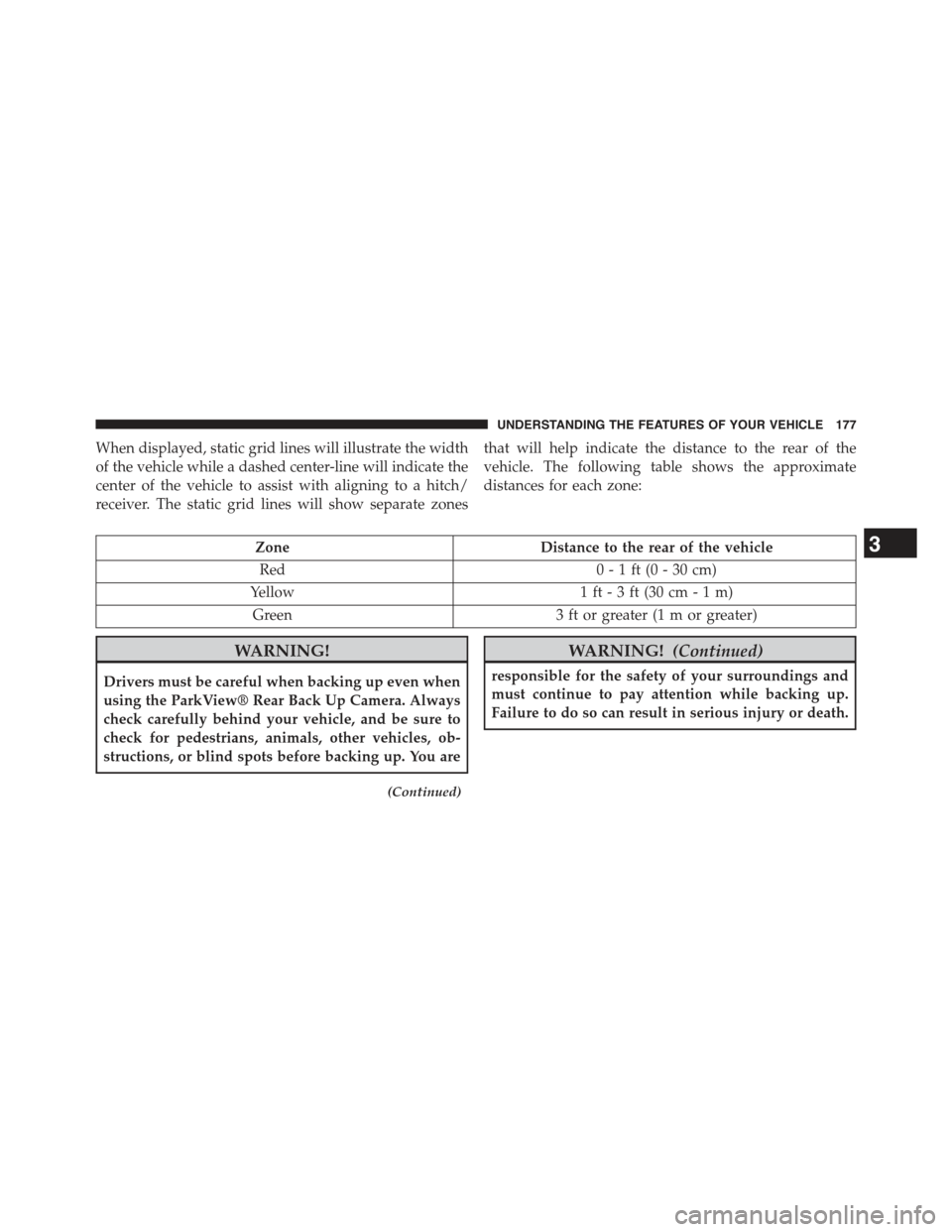 JEEP COMPASS 2015 1.G Owners Manual When displayed, static grid lines will illustrate the width
of the vehicle while a dashed center-line will indicate the
center of the vehicle to assist with aligning to a hitch/
receiver. The static g