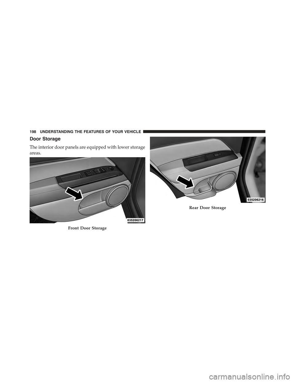JEEP COMPASS 2015 1.G Owners Manual Door Storage
The interior door panels are equipped with lower storage
areas.
Front Door Storage
Rear Door Storage
198 UNDERSTANDING THE FEATURES OF YOUR VEHICLE JEEP COMPASS 2015 1.G Owners Manual Door Storage
The interior door panels are equipped with lower storage
areas.
Front Door Storage
Rear Door Storage
198 UNDERSTANDING THE FEATURES OF YOUR VEHICLE