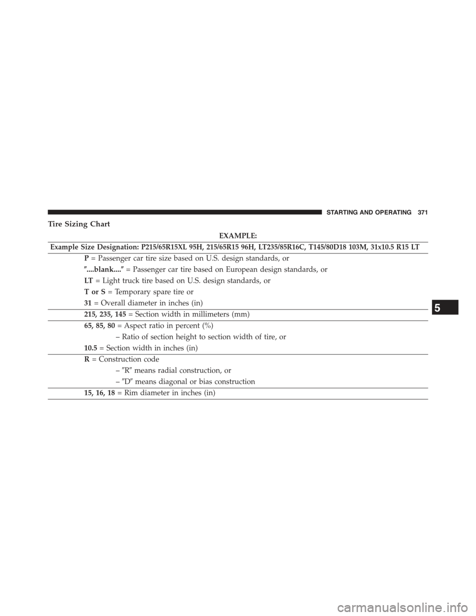 JEEP COMPASS 2015 1.G Owners Manual Tire Sizing Chart
EXAMPLE:
Example Size Designation: P215/65R15XL 95H, 215/65R15 96H, LT235/85R16C, T145/80D18 103M, 31x10.5 R15 LT
P= Passenger car tire size based on U.S. design standards, or
%....b