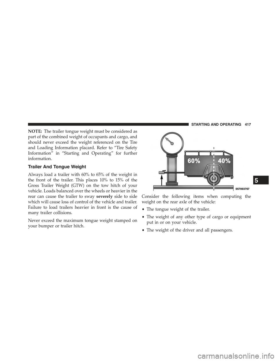 JEEP COMPASS 2015 1.G Owners Manual NOTE:The trailer tongue weight must be considered as
part of the combined weight of occupants and cargo, and
should never exceed the weight referenced on the Tire
and Loading Information placard. Refe