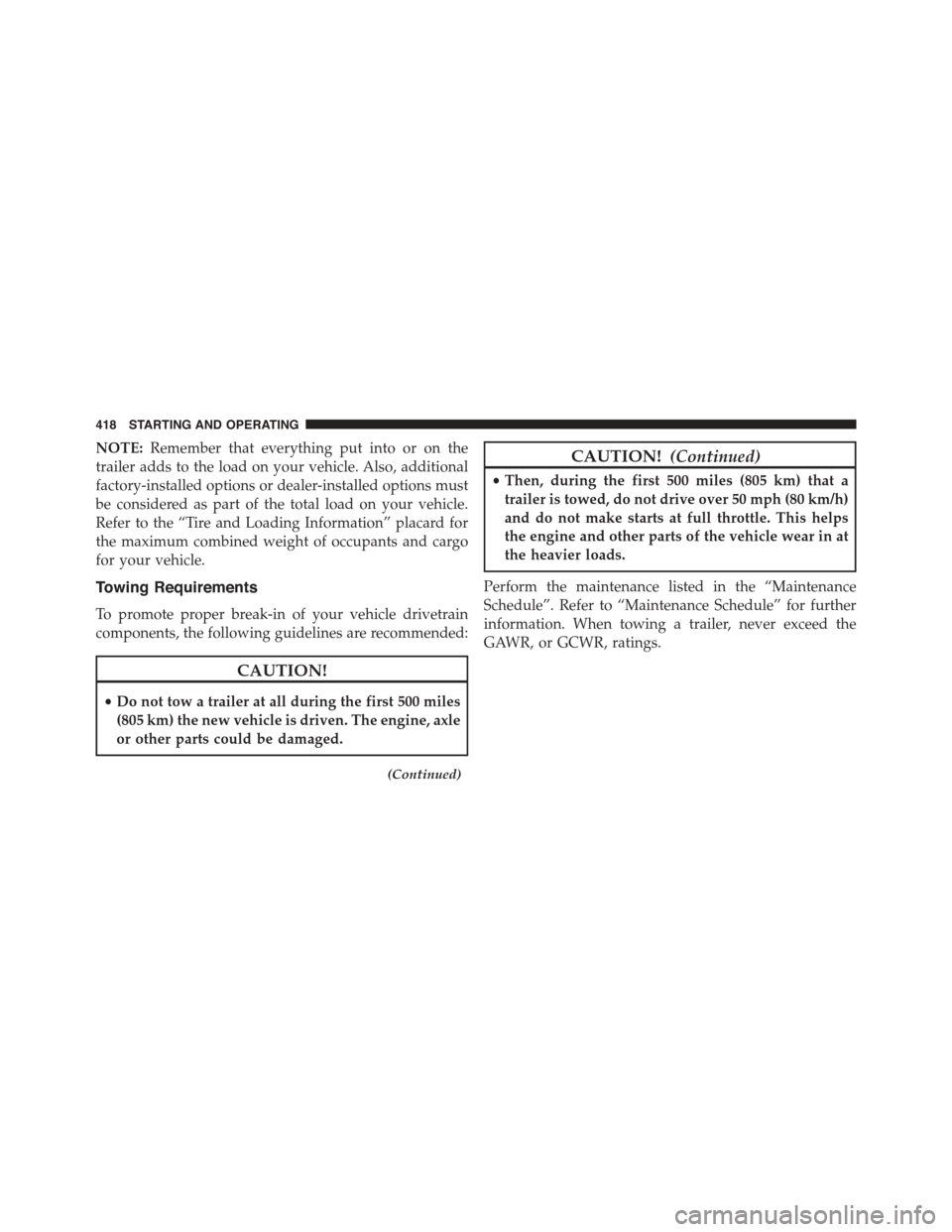 JEEP COMPASS 2015 1.G Owners Manual NOTE:Remember that everything put into or on the
trailer adds to the load on your vehicle. Also, additional
factory-installed options or dealer-installed options must
be considered as part of the tota