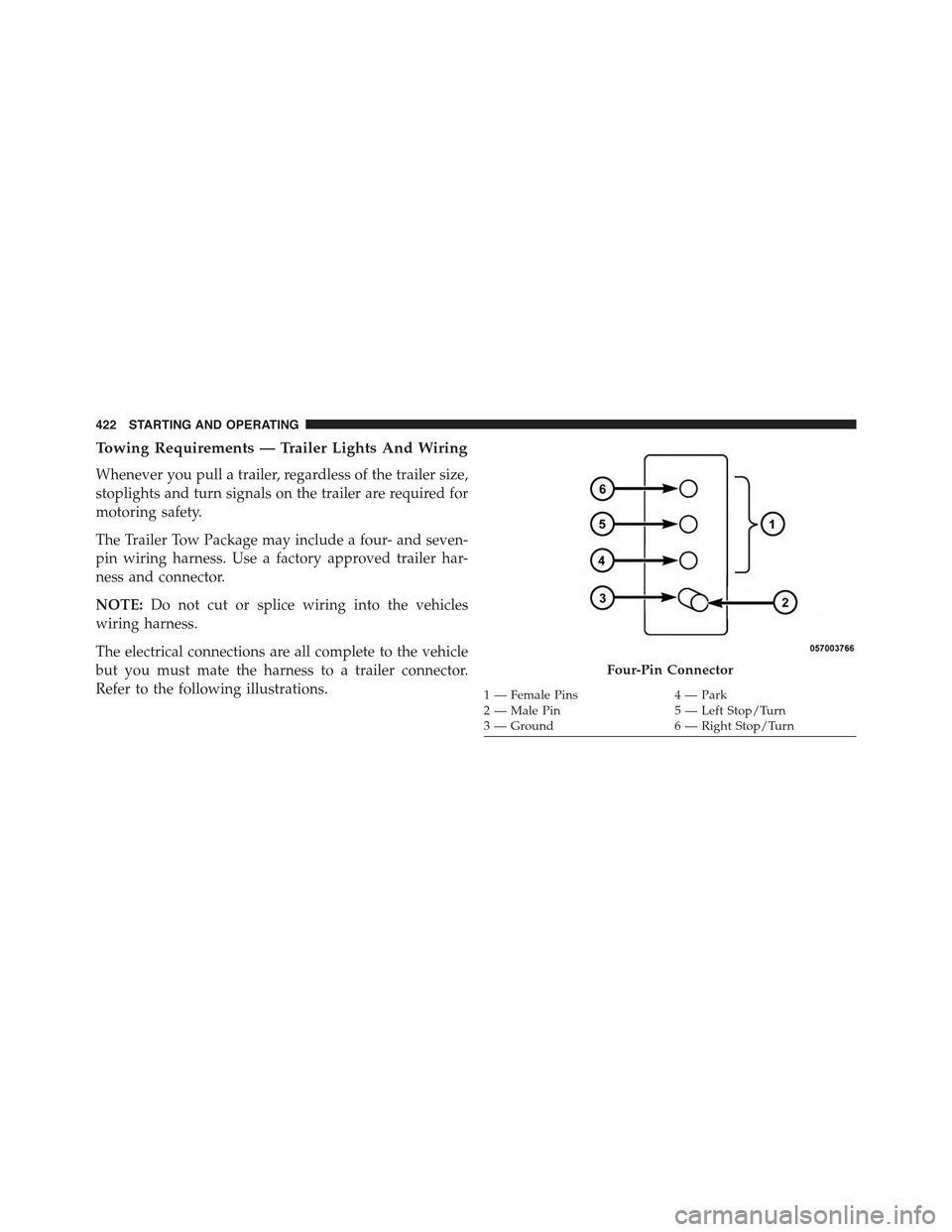 JEEP COMPASS 2015 1.G Owners Manual Towing Requirements — Trailer Lights And Wiring
Whenever you pull a trailer, regardless of the trailer size,
stoplights and turn signals on the trailer are required for
motoring safety.
The Trailer 