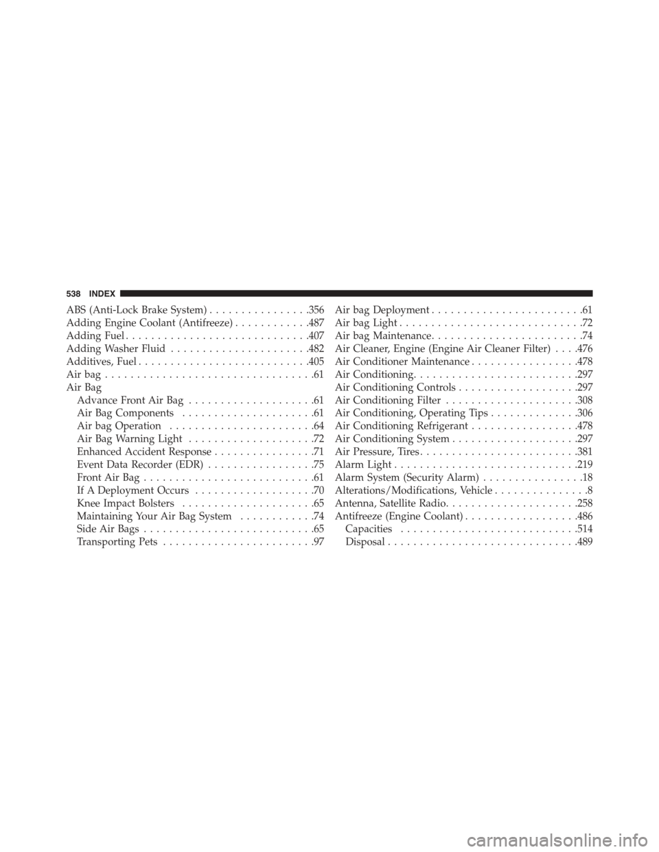 JEEP COMPASS 2015 1.G Owners Manual ABS (Anti-Lock Brake System)................356
Adding Engine Coolant (Antifreeze)............487
Adding Fuel.............................407
Adding Washer Fluid......................482
Additives, Fu JEEP COMPASS 2015 1.G Owners Manual ABS (Anti-Lock Brake System)................356
Adding Engine Coolant (Antifreeze)............487
Adding Fuel.............................407
Adding Washer Fluid......................482
Additives, Fu