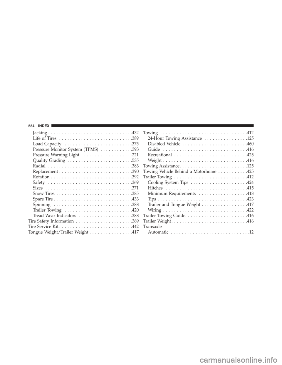 JEEP COMPASS 2015 1.G Service Manual Jacking...............................432
Life of Tires...........................389
Load Capacity.........................375
Pressure Monitor System (TPMS)............393
Pressure Warning Light....