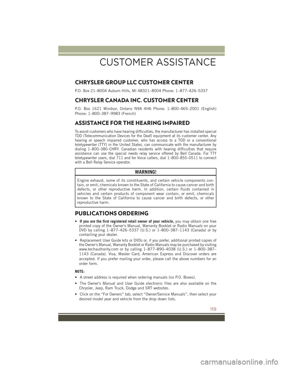 JEEP COMPASS 2015 1.G User Guide CHRYSLER GROUP LLC CUSTOMER CENTER
P.O. Box 21–8004 Auburn Hills, MI 48321–8004 Phone: 1–877–426–5337
CHRYSLER CANADA INC. CUSTOMER CENTER
P.O. Box 1621 Windsor, Ontario N9A 4H6 Phone: 1–8 JEEP COMPASS 2015 1.G User Guide CHRYSLER GROUP LLC CUSTOMER CENTER
P.O. Box 21–8004 Auburn Hills, MI 48321–8004 Phone: 1–877–426–5337
CHRYSLER CANADA INC. CUSTOMER CENTER
P.O. Box 1621 Windsor, Ontario N9A 4H6 Phone: 1–8