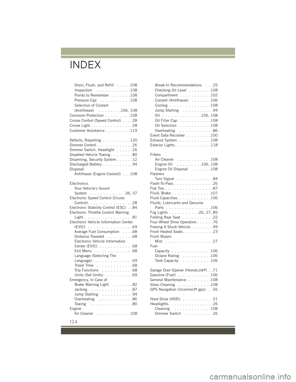 JEEP COMPASS 2015 1.G User Guide Drain, Flush, and Refill.....108
Inspection............108
Points to Remember.......108
Pressure Cap...........108
Selection of Coolant
(Antifreeze)........106, 108
Corrosion Protection.........108
Cr