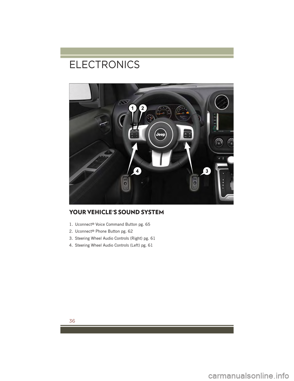 JEEP COMPASS 2015 1.G Owners Guide YOUR VEHICLES SOUND SYSTEM
1. Uconnect®Voice Command Button pg. 65
2. Uconnect®Phone Button pg. 62
3. Steering Wheel Audio Controls (Right) pg. 61
4. Steering Wheel Audio Controls (Left) pg. 61
ELE