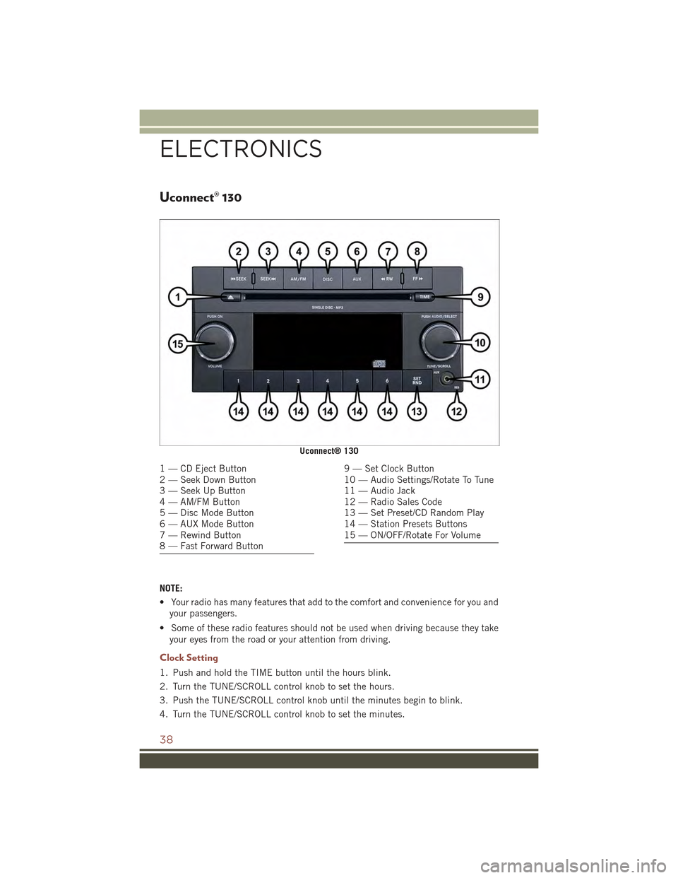 JEEP COMPASS 2015 1.G Owners Guide Uconnect® 130
NOTE:
• Your radio has many features that add to the comfort and convenience for you and
your passengers.
• Some of these radio features should not be used when driving because they