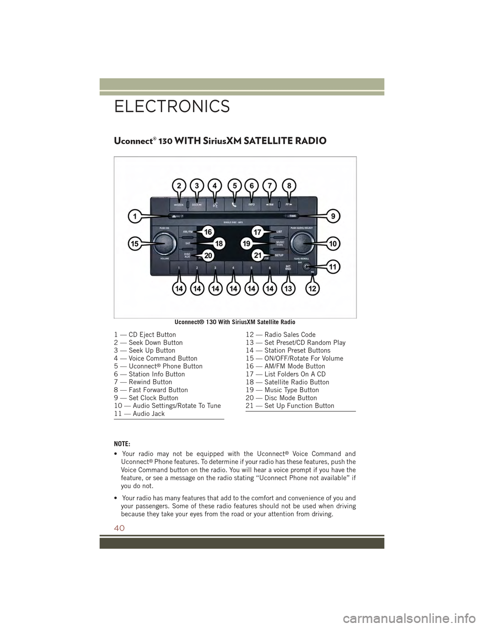 JEEP COMPASS 2015 1.G User Guide Uconnect® 130 WITH SiriusXM SATELLITE RADIO
NOTE:
• Your radio may not be equipped with the Uconnect®Voice Command and
Uconnect®Phone features. To determine if your radio has these features, push