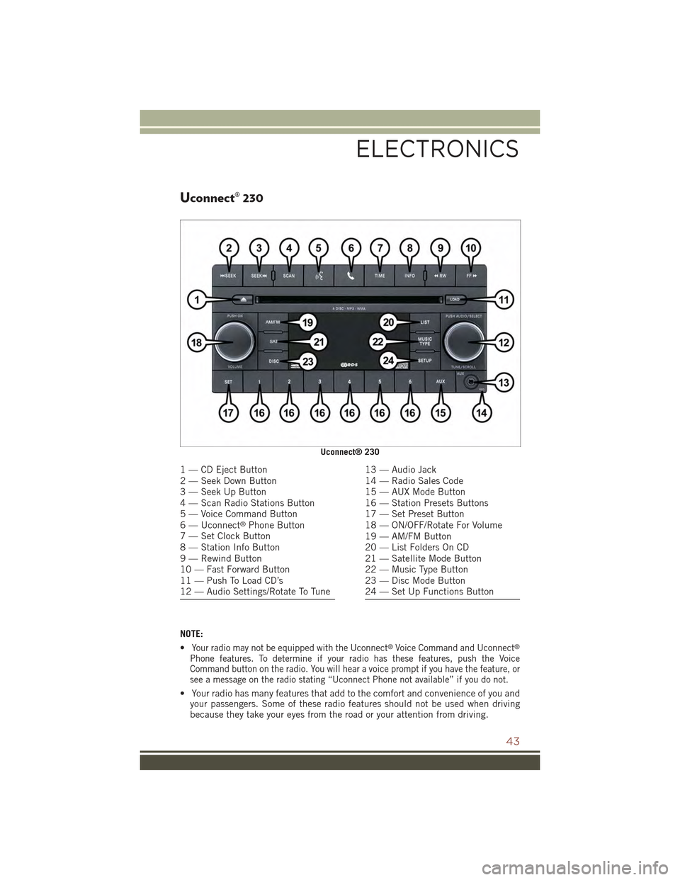 JEEP COMPASS 2015 1.G Service Manual Uconnect® 230
NOTE:
•Your radio may not be equipped with the Uconnect®Voice Command and Uconnect®
Phone features. To determine if your radio has these features, push the VoiceCommand button on th