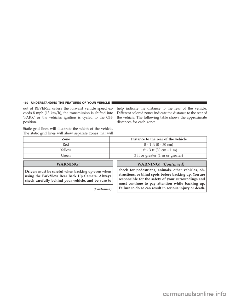 JEEP COMPASS 2016 1.G Owners Manual out of REVERSE unless the forward vehicle speed ex-
ceeds 8 mph (13 km/h), the transmission is shifted into
PARKor the vehicles ignition is cycled to the OFF
position.
Static grid lines will illustr