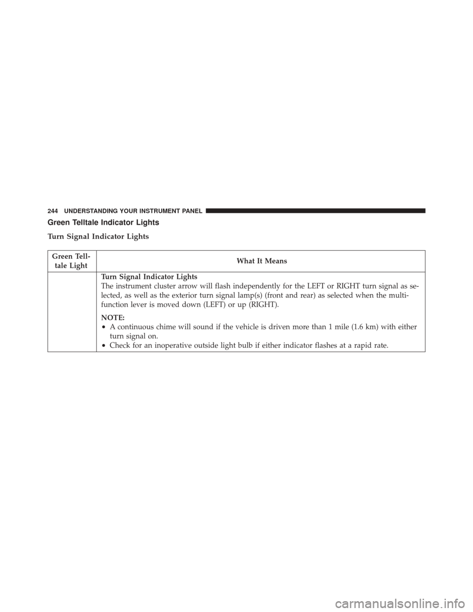 JEEP COMPASS 2016 1.G Owners Manual Green Telltale Indicator Lights
Turn Signal Indicator Lights
Green Tell-tale Light What It Means
Turn Signal Indicator Lights
The instrument cluster arrow will flash independently for the LEFT or RIGH