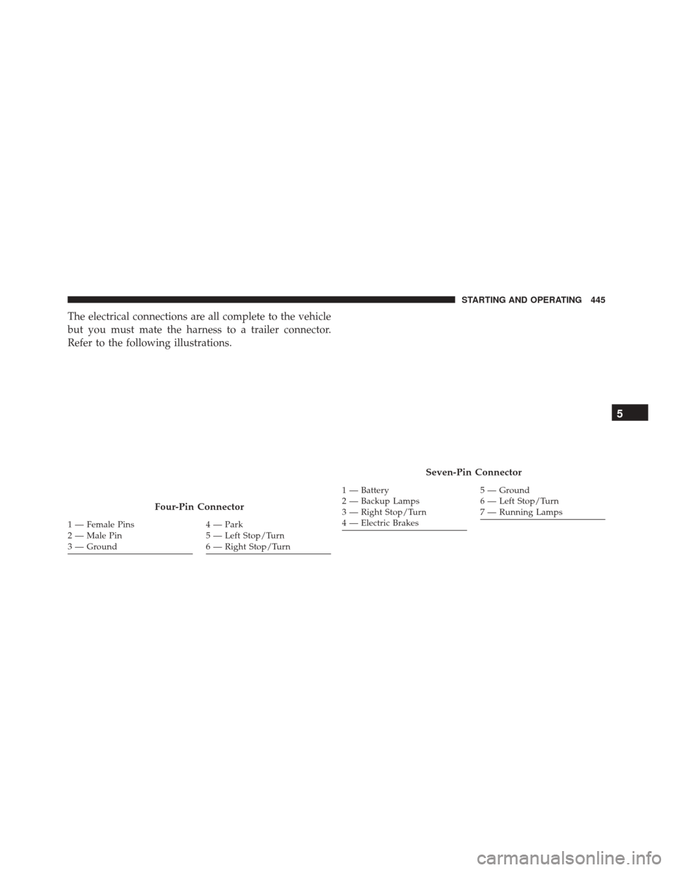 JEEP COMPASS 2016 1.G Service Manual The electrical connections are all complete to the vehicle
but you must mate the harness to a trailer connector.
Refer to the following illustrations.
Four-Pin Connector
1 — Female Pins
2 — Male P